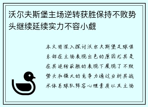 沃尔夫斯堡主场逆转获胜保持不败势头继续延续实力不容小觑