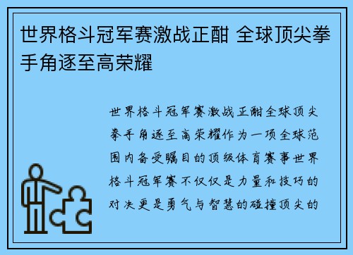 世界格斗冠军赛激战正酣 全球顶尖拳手角逐至高荣耀